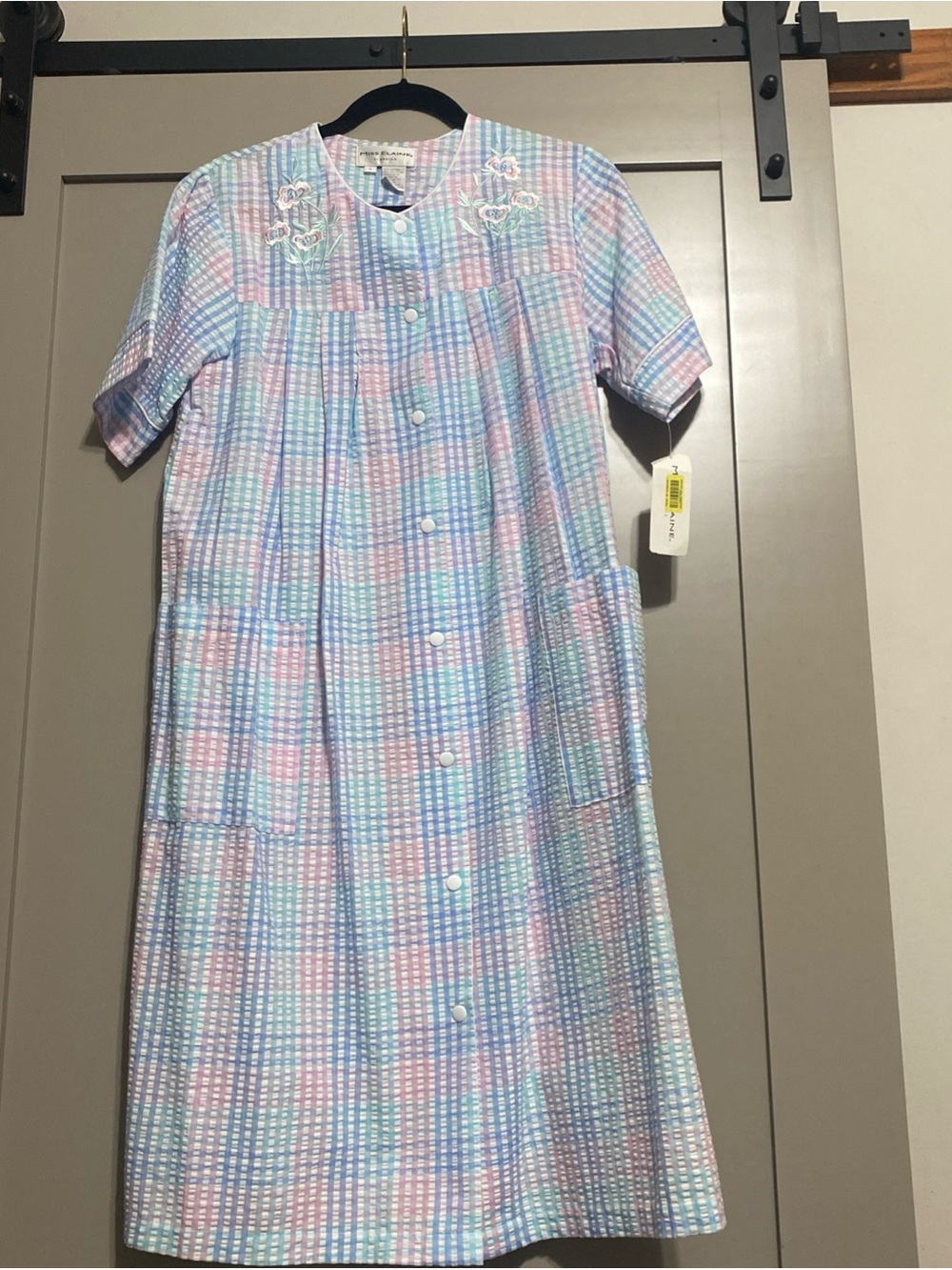 NWT Vintage 80’s Miss Elaine Pastel Plaid Button-Front Robe in Pink, Blue, Mint